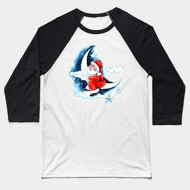 Santa Claus Moon Watercolor Baseball T-Shirt by Mako Design 